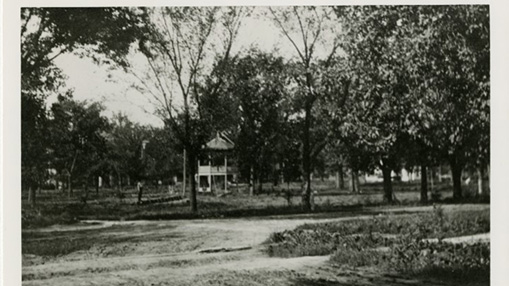 A vintage view of a peaceful park with lush trees, open grounds, and a small gazebo-like structure surrounded by nature.