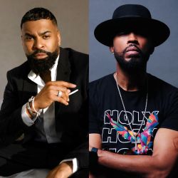 Collaged image of performers Ginuwine and Montell Jordan next to each other.