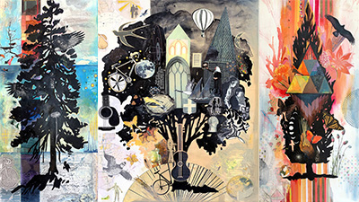 A vibrant collage by Betony Coons, showcasing elements of nature, architecture, and abstract patterns in harmony.