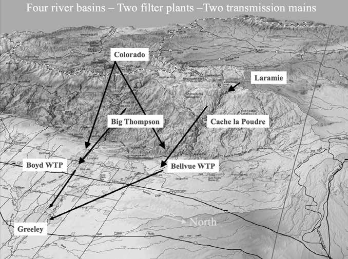 Image of a map showing river basin locations marked by black arrows for the Big Thompson and Cache la Poudre Rivers and the Boyd and Bellvue Water Treatment Plants.