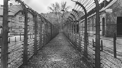 A black and white image depicting a historical prison camp surrounded by barbed wire fences and pathways.