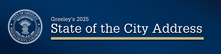 The official graphic for the Greeley State of the City Address featuring city seal and title on a blue background.