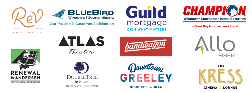 Culture Pop sponsor logos from top left Rev Chiropractic, BlueBird Windows, Guild Mortgage, Champion Windows, Atlas Theater, Bandwagon, Allo Fiber, Renewal by Anderson, DoubleTree by Hilton Lincoln Park, Downtown Greeley, The Kress Cinema and Lounge. 