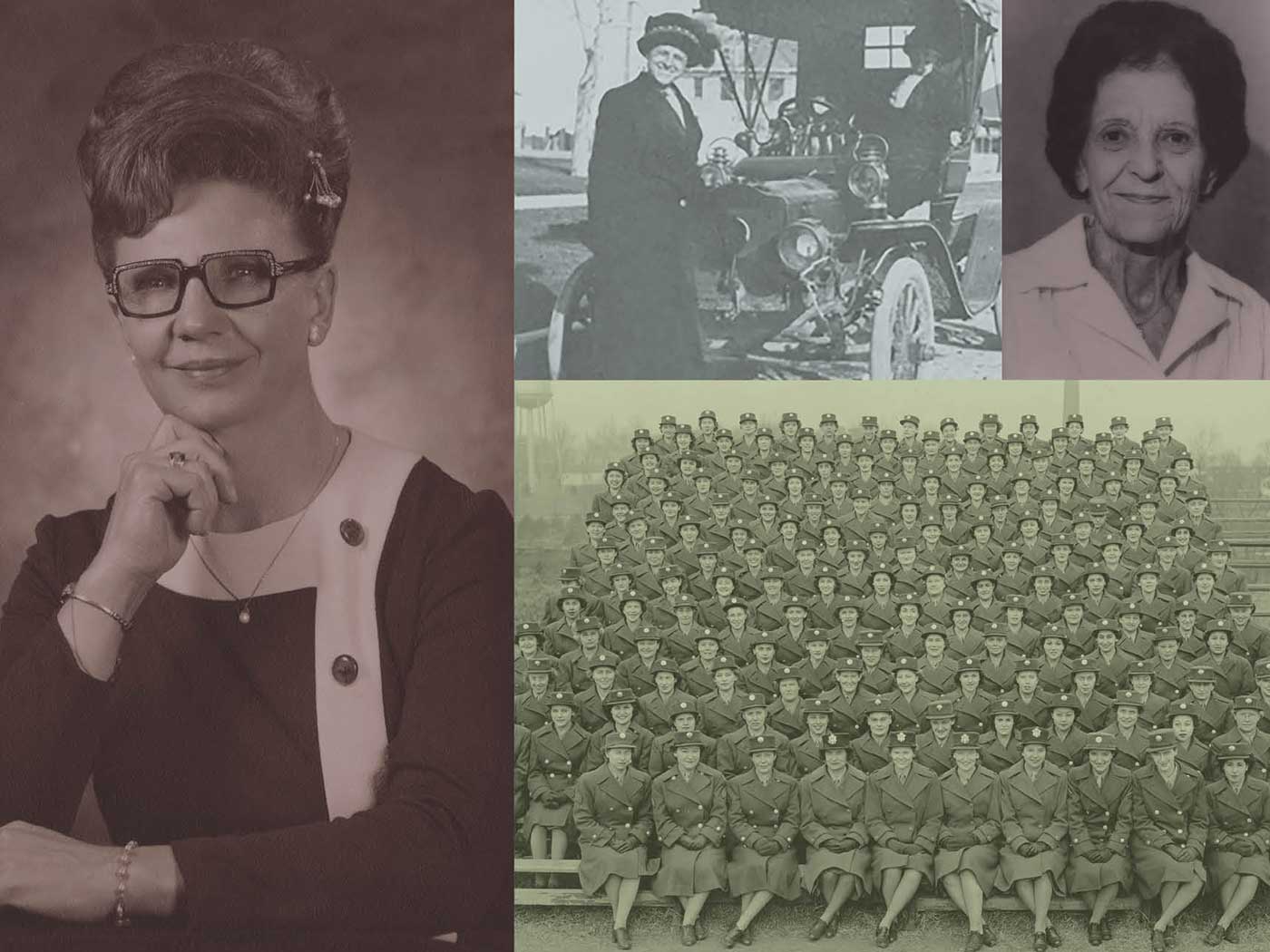 Grid of four historic images showing several women and groups that were influential in women's suffrage movement