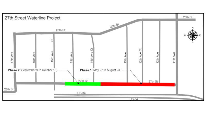 Map depicting the two phases of the 27th Street waterline replacement project, detailing timelines and areas of work.