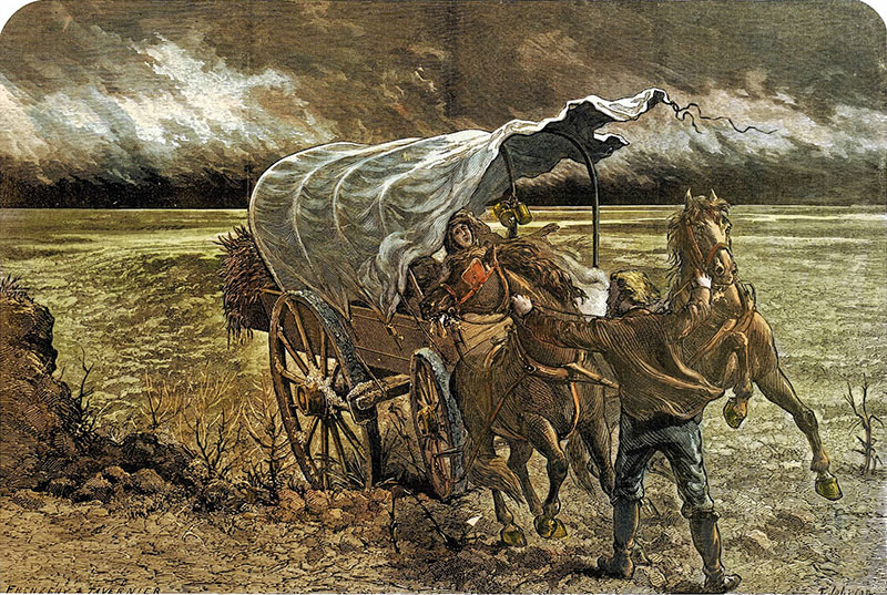 Engraving of a covered wagon with one person on the seat driving, and another on the ground trying to calm an excited team of horses during a windstorm. 