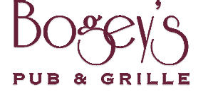 A logo design for Bogey's Pub and Grille featuring maroon typography on a transparent background.