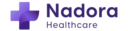 Logo of Nadora Healthcare. The design features a stylized purple medical cross composed of gradient-shaded, folded shapes on the left. To the right, the text reads “Nadora” in bold purple letters above the word “Healthcare” in lighter purple.