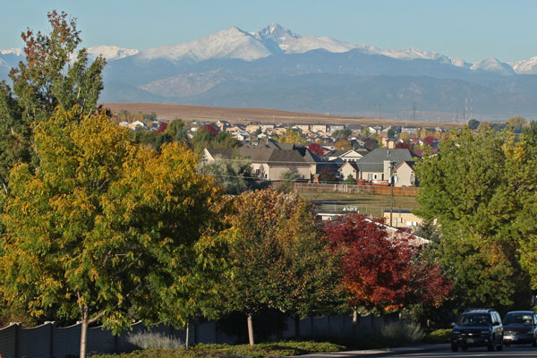 Autumn trees surrounding residential area with clear mountain views in Greeley, Colorado.
