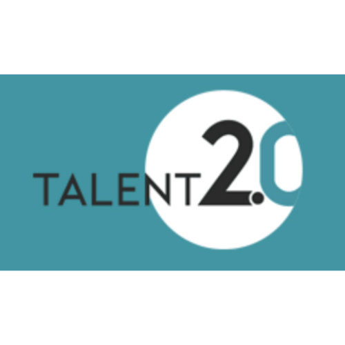 This image depicts the logo for Talent 2.0.  The background consists of a white circle inside a teal rectangle.  In the foreground is text reading "TALENT 2.0" in black text, with the zero highlighted in team text inside the white circle.