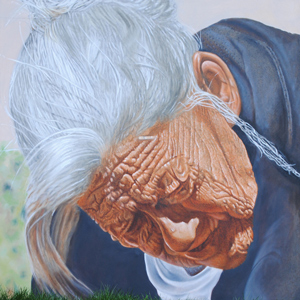 A portrait of an elderly woman with white hair looking down, displaying contemplative expression and detailed facial lines.