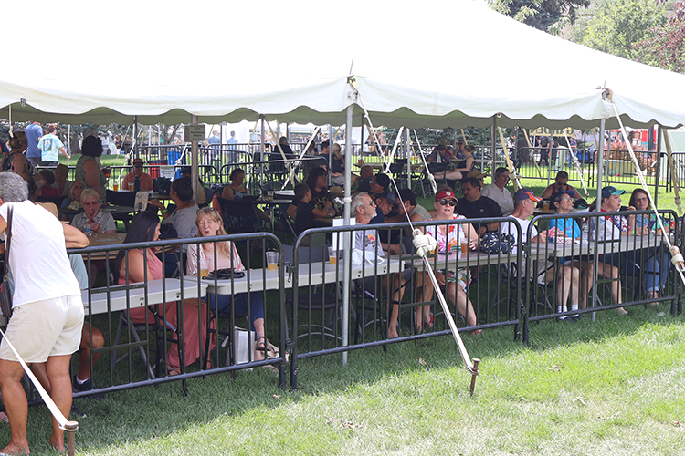 Attendees seated under a tent enjoying the Arts Picnic event with vibrant community participation.
