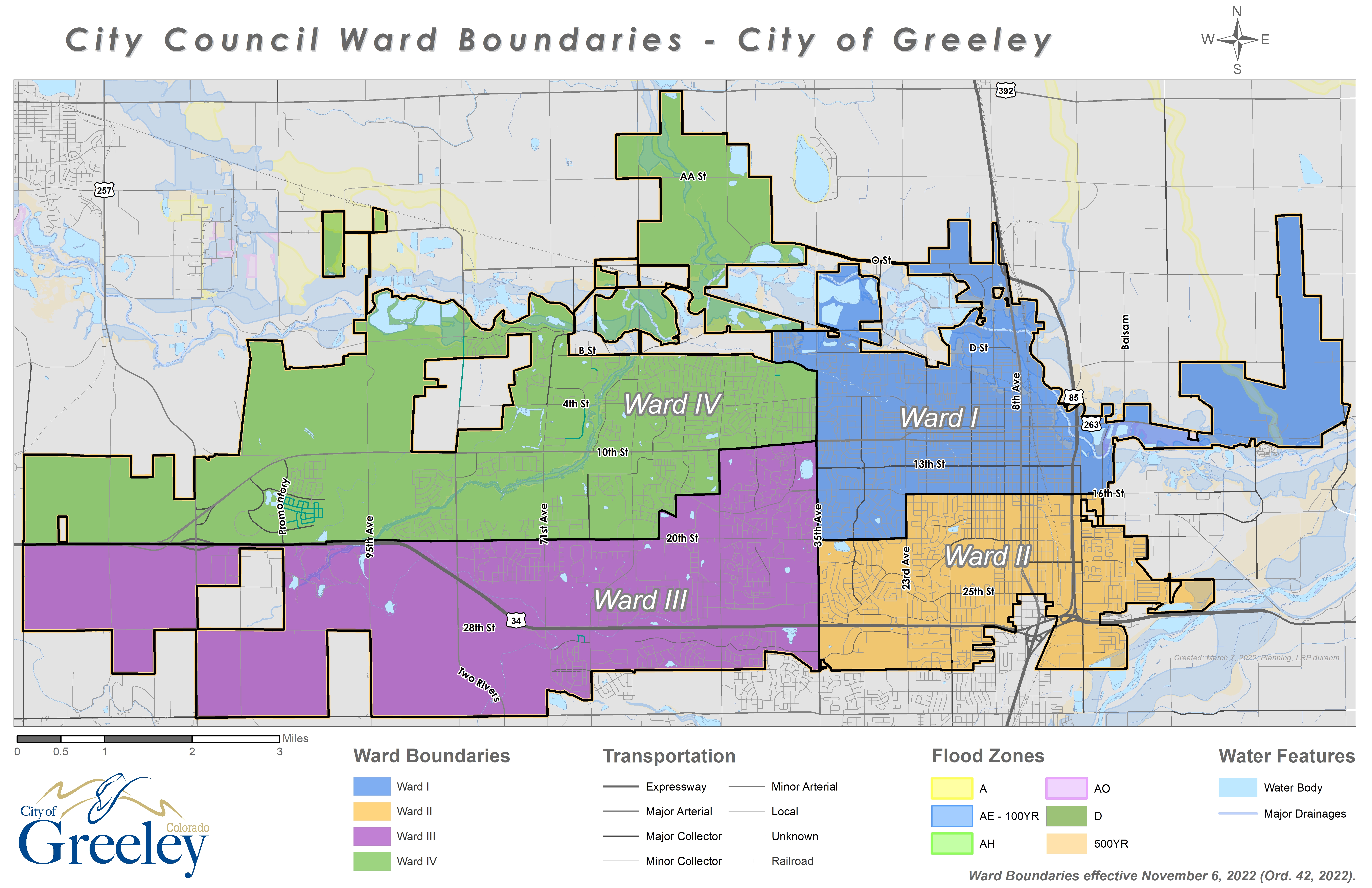 Map showcasing updated ward boundaries in Greeley, highlighting transportation routes, flood zones, and water features.