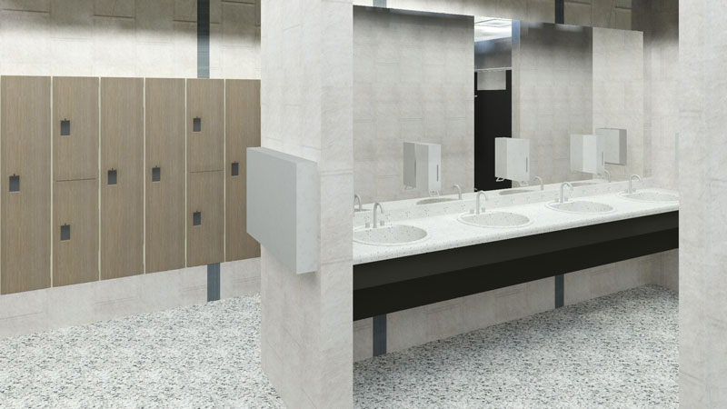 A visual representation showcasing an updated sink area and locker space, designed with contemporary materials.