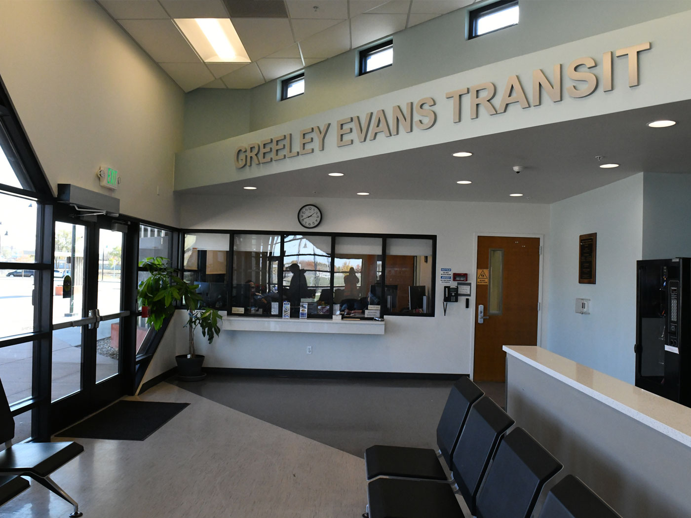 Interior lobby and customer service window of the GET office