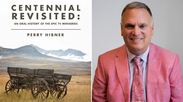 Two images together, with a book cover on the left showing a prairie and mountains with an old wooden wagon in the foreground. Author Perry Hibner’s photo is on the right. 