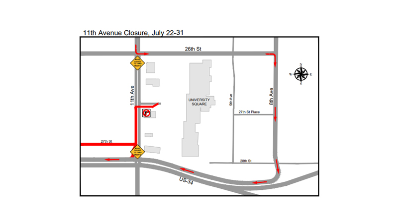 A detailed street map showing the planned closure of 11th Avenue and its corresponding detour route.