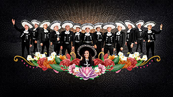 A vibrant depiction of a group dressed in traditional attire with floral motifs and an elegant background.