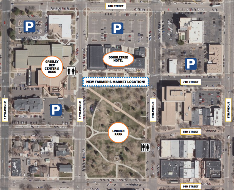 Detailed map showcasing the new location of the Greeley Farmers Market near Lincoln Park, surrounded by nearby parking areas and landmarks.