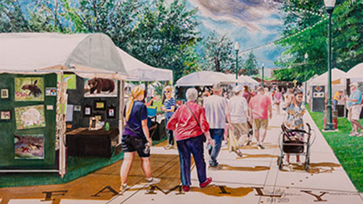 A vibrant outdoor event featuring art booths and community engagement in a sunny park setting.