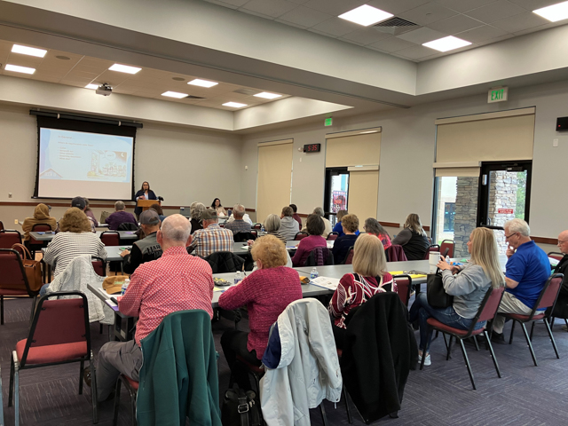 Woman at a podium gives a presentation to a full room of people.