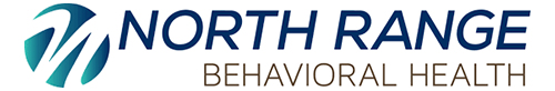 Logo of North Range Behavioral Health. The design features a stylized, circular teal and dark blue icon on the left, resembling abstract swooshes or brush strokes. To the right, the text reads “NORTH RANGE” in bold dark blue uppercase letters above “BEHAVIORAL HEALTH” in smaller brown uppercase letters.