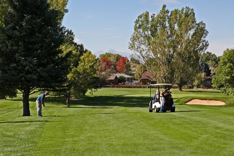 A golfer prepares for a swing on a sunny day at Highland Hills Golf Course. The lush green landscape, trees, and distant mountains create an upscale environment.