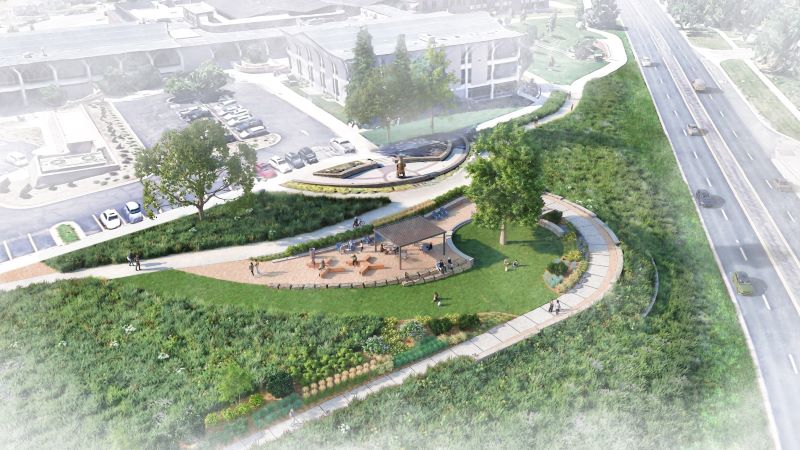 A depiction of University Center hill showcasing shaded seating, pathways, and diverse plants.