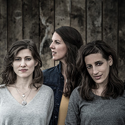A group of three individuals standing in front of a rustic wooden background.