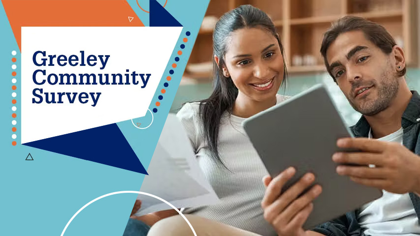 Image promoting Greeley Community Survey with a man and a woman looking at a tablet