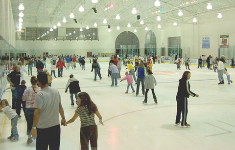 A lively scene of residents of all ages enjoying recreational ice skating at the Ice Haus facility.