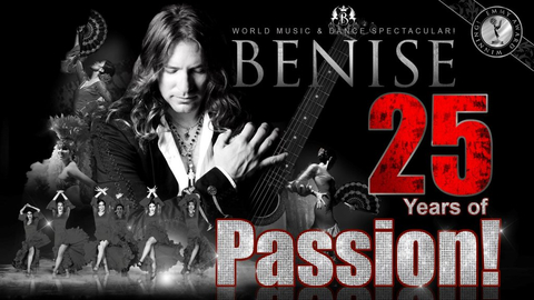 Composite image advertising the world music and dance performance, Benise, at Union Colony Civic Center. Includes imagery of dancers, and a musician with a guitar as well as the event title and "25 Years of Passion".