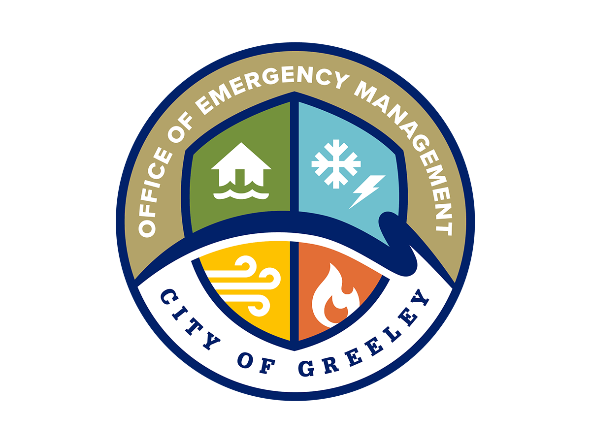 Circular logo for the City of Greeley Office of Emergency Management, showing a four-section shield with icons for flooding, winter weather/lightning, wind, and fire. A curved swash runs through the center, representing the two rivers that flow around Greeley.