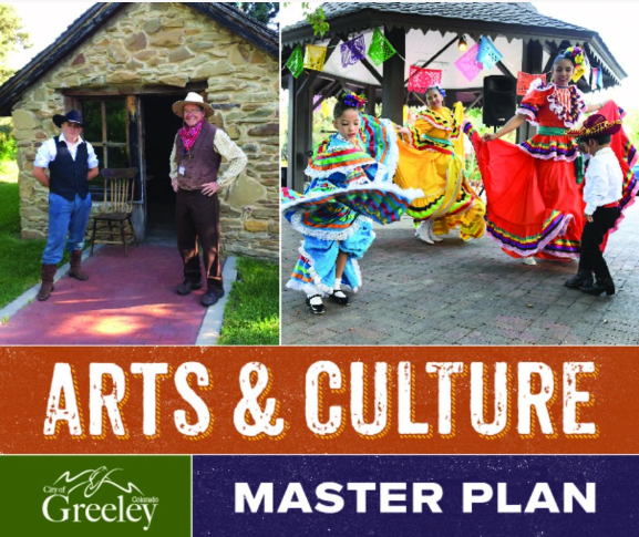 Arts and Culture Master Plan front cover.
Arts and Culture Master Plan graphic, with text at bottom reading Arts & Culture, white text on red-orange background, Subtitle Master Plan white text on purple background with City of Greeley Logo on Green Background. Two photos above the title are of two men in period clothes in front of cobblestone house at Centennial Village Museum, and second photo is dancing women in traditional Fiesta clothing.