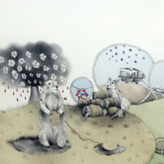 A peaceful landscape featuring animals engaging in knitting activities surrounded by trees and threads.
