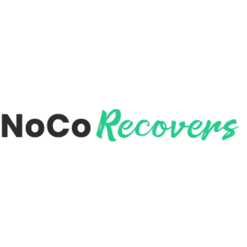 This image depicts a logo containing the letters "NoCo" in a gray, sans serif font.  Immediately to the right of those letters is the word "Recovers" in a green script font.