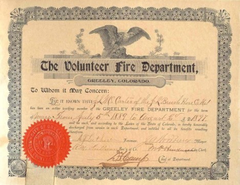 A historical certificate issued by the Greeley Fire Department to honor contributions to public safety.