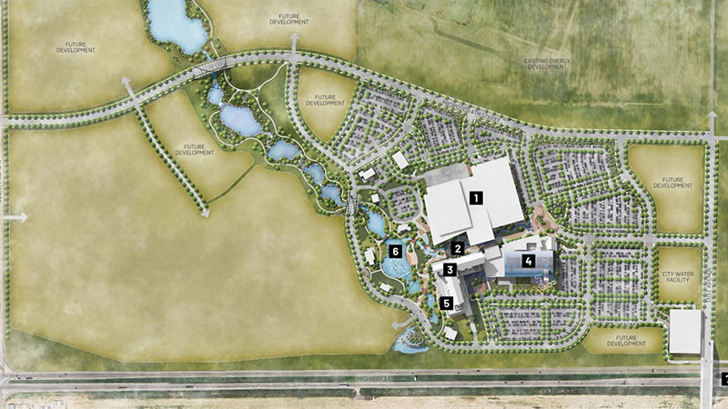 Illustrated area map showing numbered buildings intended for the project