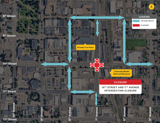 Map with listed detours of closed intersection