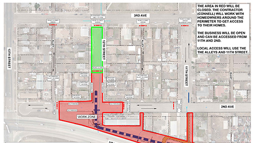 Detailed map highlighting work zones and traffic redirection during construction phases in a city area.