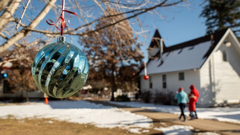 A vibrant ornament hanging on a tree branch with a white snow-covered building visible in the background showcasing winter scenery.