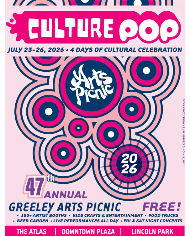 Culture Pop Poster graphic with information about the 4 day event including Arts Picnic. Circles in shades of pink, purple and dark blue intersect creating a modern design. 