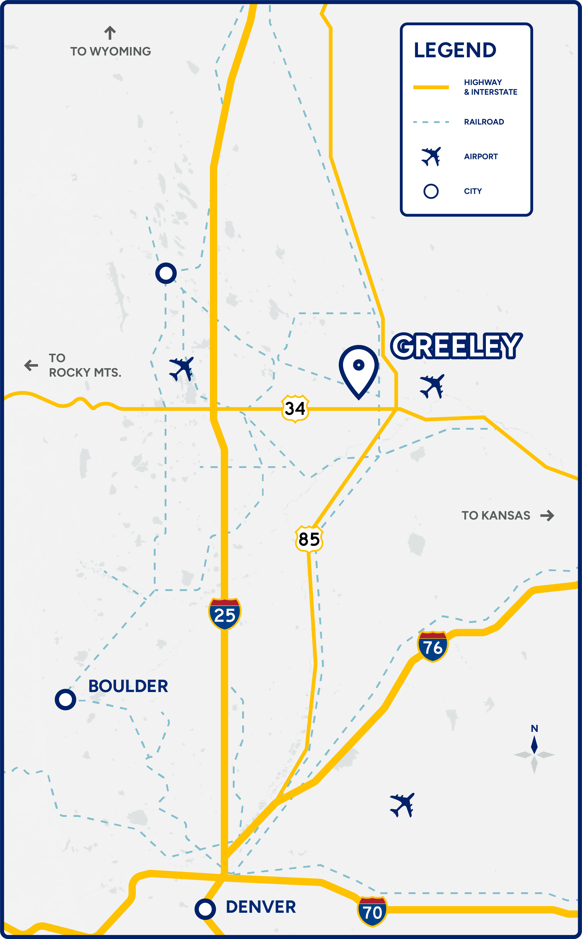 Graphic map showing Greeley's location in proximity to Boulder, Denver, major highways, and the Denver International Airport.  