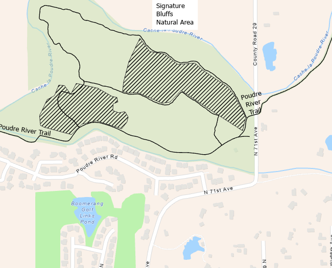 Map of the Signature Bluffs Natural Area in Greeley, Colorado. The map highlights the area of the October 2025 prescribed burn with diagonal shading inside the larger natural area boundary. The burn zone is located along the Cache la Poudre River and overlaps portions of the Poudre River Trail, which will be closed during burn operations. 