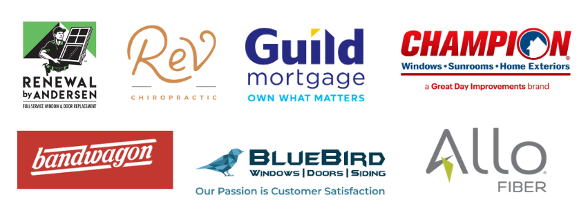 Logos of Arts Picnic and Culture Pop Sponsors - Renewal by Andersen, Rev Chiropractic, Guild Mortgage, Champion, Bandwagon, Blue Bird, Allo Fiber