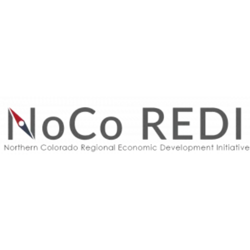 Logo for the Northern Colorado Regional Development Initiative.  The acronym "NoCo REDI" is in gray letters above the full name "Northern Colorado Regional Economic Development Initiative", also in gray letters.