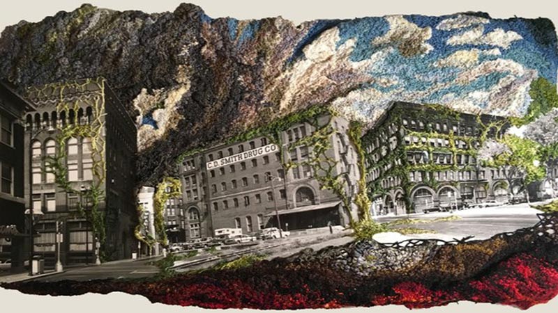 Artwork depicting urban buildings adorned with climbing greenery, set under a dramatic and ominous cloud-filled sky.