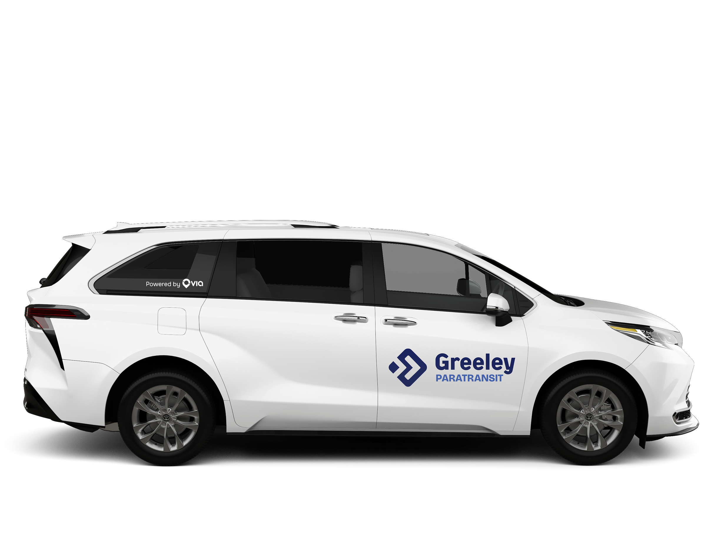 Modern compact SUV with logo decals Powered by Via and Greeley Paratransit