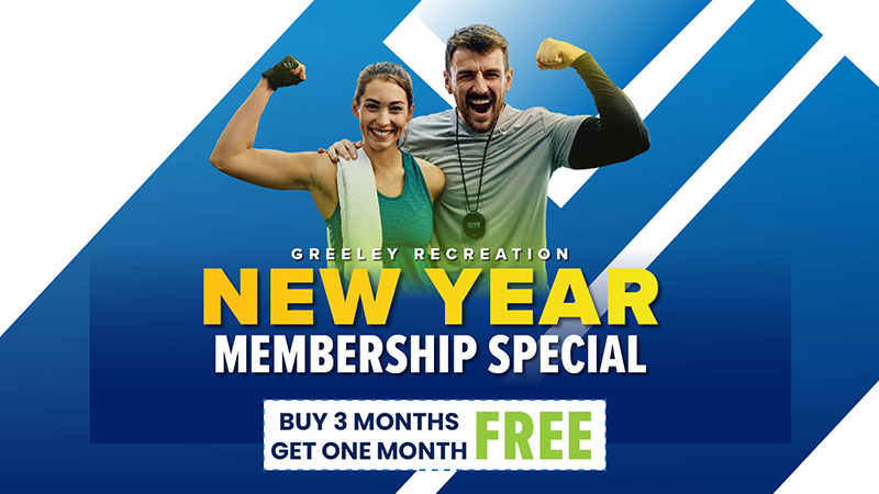 Greeley Recreation New Year membership special graphic with two happy people in workout clothes and offer details: buy three months get one month free.