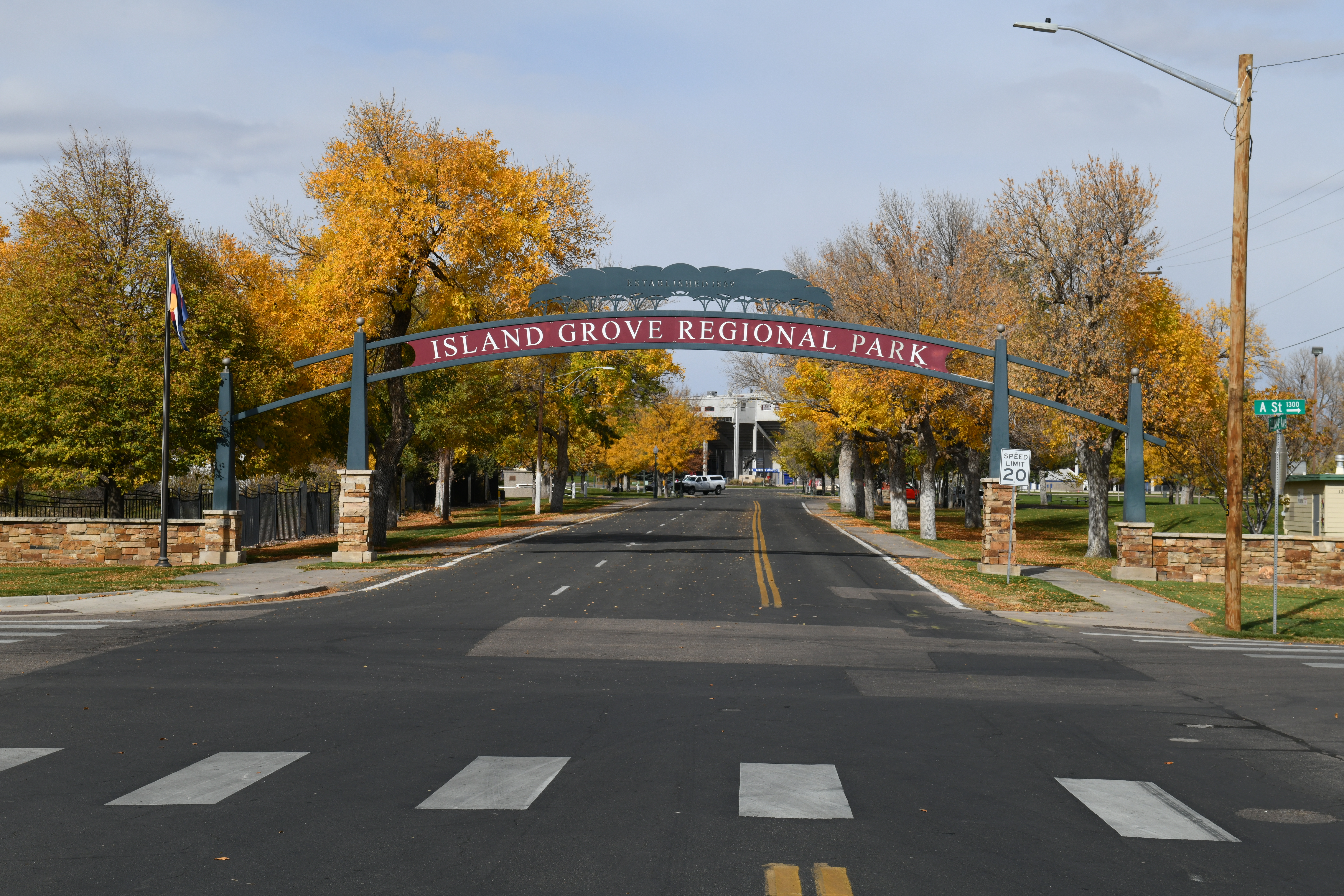 The South Arch entrance to Island Grove Regional Park in the autumn
